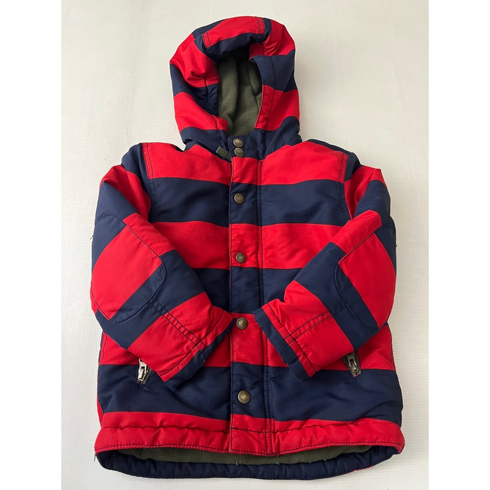 Mini Boden Puffer Jacket Kids 3-4Y Boy Red Navy Blue Striped Fleece Lined Hooded
